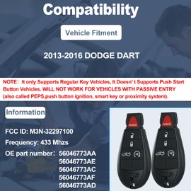 ATPSTOGO Key Fob Replacement Kit fits for 2013 2014 2015 2016 Dodge Dart Keyless Entry Remote with Interchangeable 4 Button FCC ID: M3N-32297100