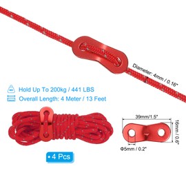 PATIKIL 4mm Tent Rope, 4 Pack 13ft Reflective Guyline Cord Tied Downs Rope Paracord Cord Camping Ropes with Red Aluminum Cord Adjusters for Camping Hiking Tent, Red