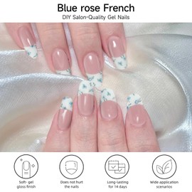 DUKASOU Semi Cured Gel Nail Strips, Blue Rose | 28 pcs Chinese Style Gel Nail Strips Work with Any UV Lamp, Salon Quality New Chinese Nail Stickers, Include Prep Pads, Nail File&Wood Stick