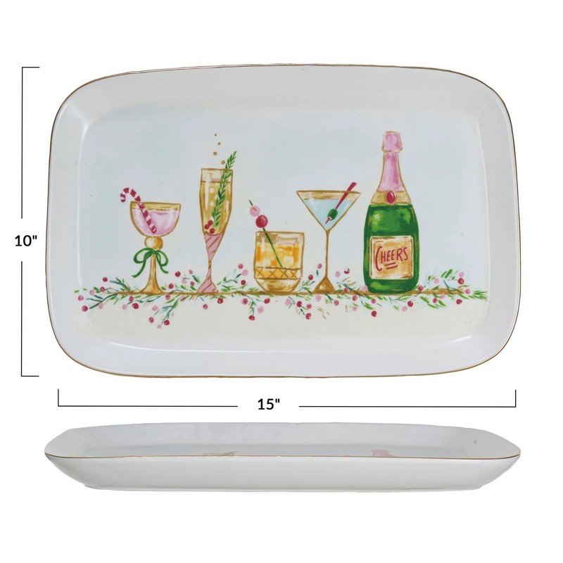 Creative Co-Op Stoneware Platter with Holiday Cocktails and Gold Electroplating,