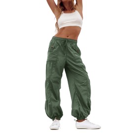 Bankeng Parachute Pants for Women Cargo Pants with Pockets Elastic Waist Drawstring Baggy Hiking Pants(Army Green,XS)