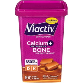 Viactiv Max Formula Calcium +Vitamin D3 Supplement for Bone Health, Rich Caramel, 100 Soft Chews