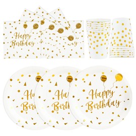 Pack of 72 Birthday Party Tableware, Happy Birthday White Gold Birthday Party Tableware Cups Napkin Paper Plates Set for Girls Children Table Decoration 24 Guests