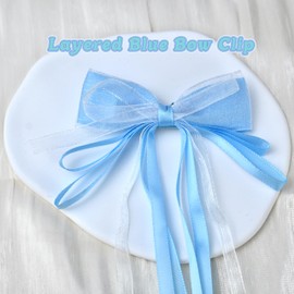 2 PCS Light Blue Ribbon Bow Hair Clips for Girls Bow Barrettes with Long Tails Cute Layered Bowknot Hair Accessories for Birthday Party Back to School