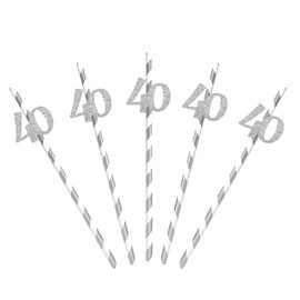 Silver Happy 40th Birthday Paper Straws, Number 40 Cut Outs Straw Decor, Cheers to Forty Years Old Birthday Paper Straws, 40th Anniversary Party Drinking Decorative Supplies - 24pcs