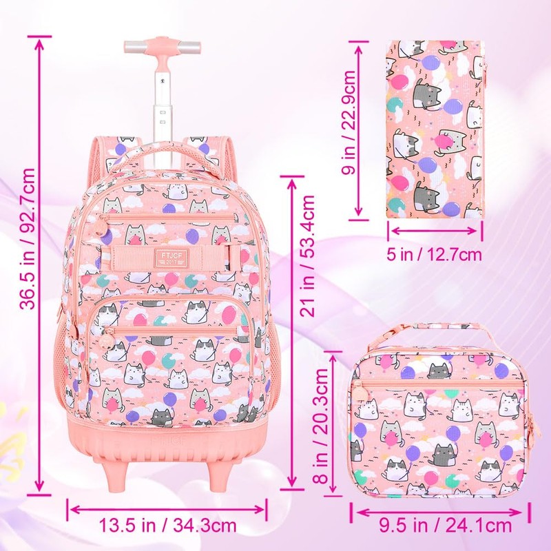Girls Rolling Backpack, 3PCS Womens Roller Bookbag with Lunch Bag