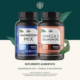 LIFE 360+ 2 Pack MagnesioBlend + Omega 3 Salmon Oil | 400 Cápsulas de Magnesio + 360 Cápsulas de Aceite de Salmón con DHA, EPA y Vitamina E | Suplemen