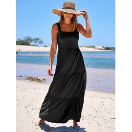 ANRABESS Summer Maxi Dresses for Women 2024 Casual Long Beach Vacation Dress Flowy Sleeveless Square Neck Tiered A Line Smocked Sun Dresses with Pockets Black Large