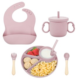 MIICASA Silicone Baby Feeding Set, Baby Led Weaning Supplies, Silicone Suction Plate, Bowl, Spoons, Fork, Waterproof Bib, Cup and Food Tableware, Eating Utensils Baby Feeding Essentials for 3+ Months