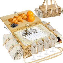HYBDAMAI Picnic Basket for 4 with Folding Table, Large Wicker Picnic Basket Set with Waterproof Blanket and Wine Pouch, Insulated Willow Hamper with Cutlery Kit for Camping, Couples, Wedding Gift