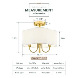 METWET Gold Semi Flush Mount Ceiling Light, 13.5" 4-Light Light Fixtures Ceiling Mount with Fabric Shade in Quatrefoil for Kitchen Nursery Entryway Hallway Bedroom, SM179-BG