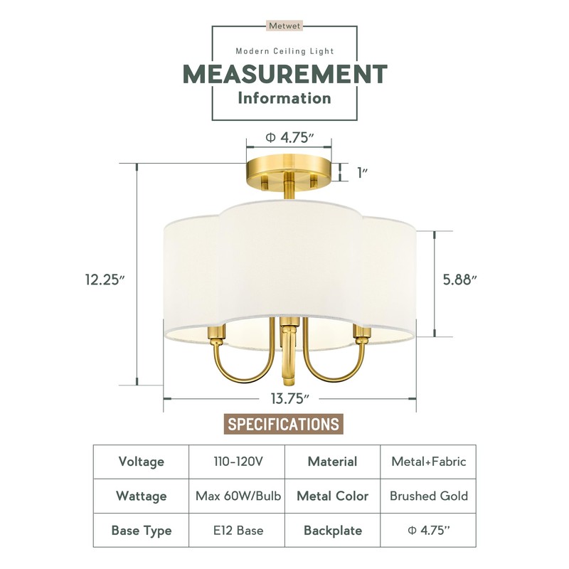 METWET Gold Semi Flush Mount Ceiling Light, 13.5" 4-Light Light