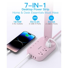 Dorm Room Essentials for Girls, Pink Power Strip with LED Desk Lamp, 3 Outlets 4 USB Ports, 4 Modes 5 Level Touch Lamp Small Desk Lamp for Home Office Bedroom Study Reading Light, 5ft Extension Cord