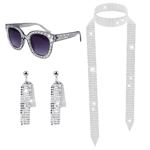 4 Pack 1970s Disco Accessories,Disco Costume Set with Round Frame Bling Sunglasses,Long Scarf and Earrings Lady Disco Fancy Dress Kit for Women Girls Retro 70/80s Theme Party Hippie Costume Silver