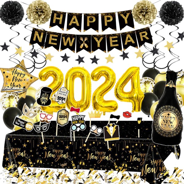 Marypaty 2024 New Year Decorations Happy New Year 2024 Balloons New Year 2023 Balloons Including Photo Props Pom Pom Happy New Year Banner