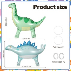 2 Pack 3D Dinosaur Balloons, Aluminium Foil Walking Dinosaur Balloons Birthday Party Decorations with Clear Wheels, Large Jungle Cartoon Dino Themed Decor for Animal Theme Birthday Party Supplies