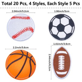 CABODYALS 20Pcs 4 Styles Sport Ball Iron on Patches Sports Embroidery Patch Baseball Rugby Basketball Football Sew on Repair Badge Appliques Bulk for Sewing Making Cloth Jeans Bag Jacket Supply