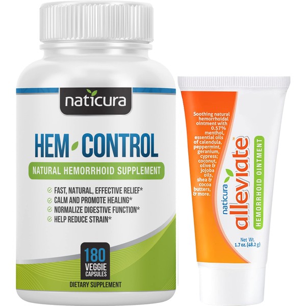 Naticura Bundle - Hem-Control Vegan Digestive Support Supplement (180 Count) and Alleviate Natural Hemorrhoid Treatment Cream for Burning, Itching and Swelling (1.7 oz) Plus 2 Travel-Size Tubes