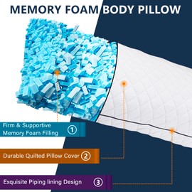 1 MIDDLE ONE Body Pillow, Memory Foam Body Pillows for Adults Sleeping, Long Pillow for Bed, Big Large Firm Full Body Pillow for Side Sleeper, 20x60 Inch (White)