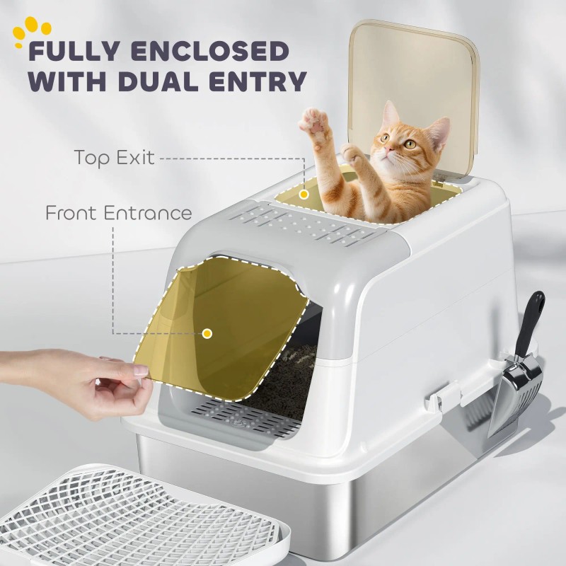 Extra Large Stainless Steel Cat Litter Box with Enclosure Scoop