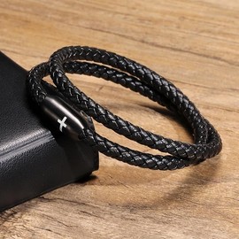 Men's Cross Leather Bracelets Black Genuine Braided Double Wrap Simple Minimalist Jesus Cross Braided Leather Bracelets with Stainless Steel Clasp for Men Boyfriend, Men Religious Jewelry Gifts-39CM