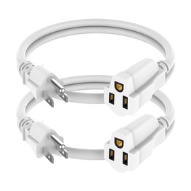 2 Pack Power Extension Cord 2FT/24Inch, Short 3 Prong Electric Extension Cable Outlet Saver, Single Outlet, Heavy Duty, Waterproof, Flexible, 16 AWG, 13A 125V, Outdoor & Indoor Extender Wires(White)