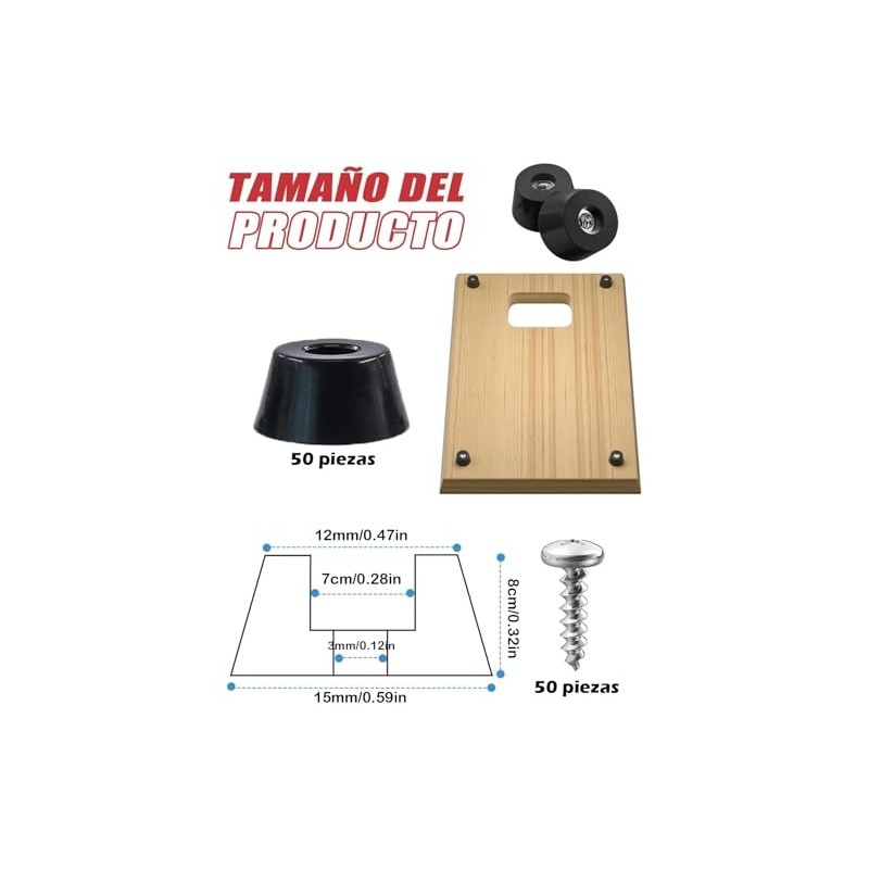50 Niveladores para Muebles, Almohadillas de Goma Negras con Tornillos