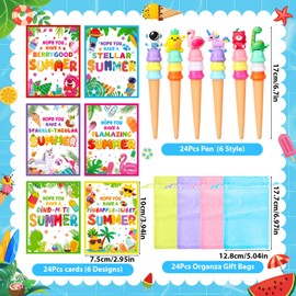 Zenoble 24 Set End of Year Student Gifts Bulk from Teacher, End of the Year Gifts for Students Kids Ice Cream Ballpoint Pens with Cards for Student Reward Summer Ice Cream Party Favor
