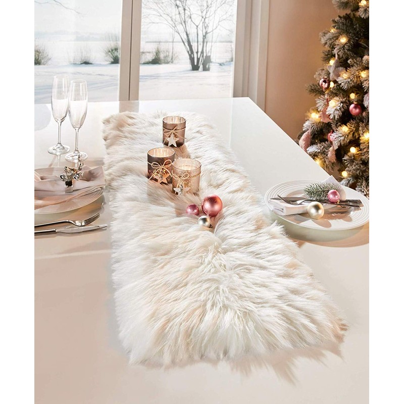 Dekoleidenschaft Faux Fur Table Runner in Cream/White, 30 x 120