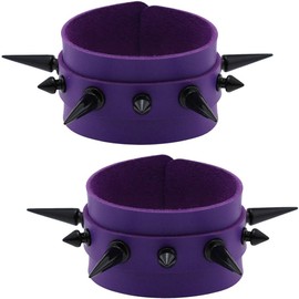 FM FM42 Women Purple PU Simulated Leather Black-tone Long and Short Rivets Spike Spiked 4cm(1.57") Wide Punk Gothic Adjustable Bracelet, Pack of 2