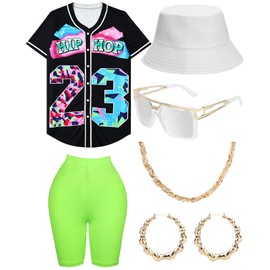 WILDPARTY 80s 90s Hip Hop Costume Outfit for Women Baseball Jersey Shirt Yoga Pants Bucket Hat Gold Chain Rapper Accessories 1990s 1980s Neon Clothes Retro Party Black M