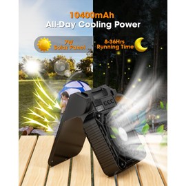 Solar Camping Fan 10400mAh, Solar Powered Fan with LED Lantern, 7W Rechargeable Battery Operated Fans for Outside, 4 Speeds, 2-8H Timer and Quiet Battery Powered Solar Tent Fans for Outdoor, Barbecue