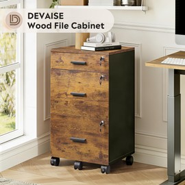 3 Drawer File Cabinet with Lock & Wheels, Wood Printer Stand