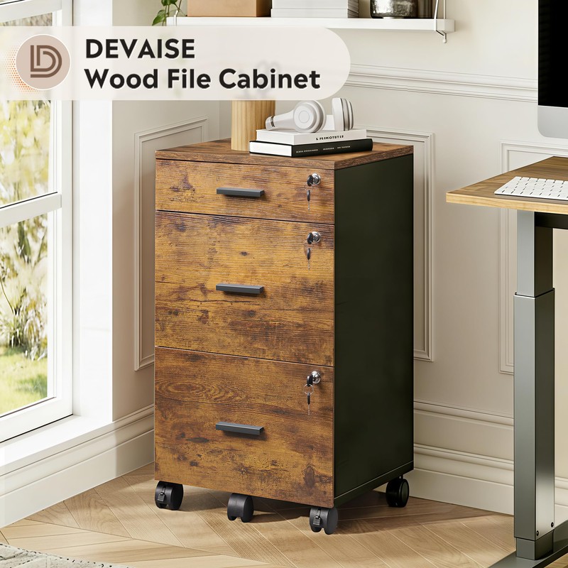 3 Drawer File Cabinet with Lock & Wheels, Wood Printer