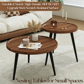 Semjar 2 Pcs Mid Century Modern Coffee Table Round for Living Room,Easy Assembly Nesting Coffee Tables,Minimalist Circle Walnut Coffee Table for Bedroom Office Balcony Yard