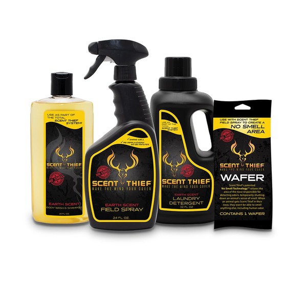 Scent Thief Hunting Scent Eliminator Trophy Pack, Includes 24oz Field Spray, Scent Free Laundry Detergent, Hunting Body Wash & Shampoo, and Scent Blocker Wafer