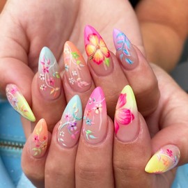 24 Pcs Colorful Flower Press on Nails Almond Shape Gradient French Tip Fake Nails Medium Length Spring Summer Floral Acrylic Nails Stick on Nails Full Cover Flowers Leaf False Nails for Women Girls