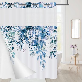 XZTXBest No Hook Shower Curtain with Snap in Liner,Plants Dark Blue Beige Flower Shower Curtain with See Through Top Window, Waterproof & Machine Washable,Shower Curtains for Bathroom 71Wx74H