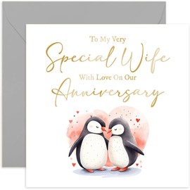 Old English Co. Special Wedding Anniversary Card for Wife - Gold Foil Penguins Anniversary Card for Wife from Husband - Love You Wife Card | Blank Inside