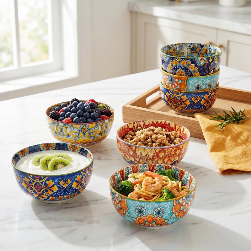 Boho Bowl Set of 6, 28 oz Colorful Ceramic Soup