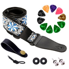 Guitar Picks, Guitar Strap, Guitar Plectrums Cotton Vintage Embroidered Guitar Straps with Genuine Leather Ends Free Strap Button Strap Locks Guitar Picks for Bass, Acoustic, Electric Guitar (Set D)