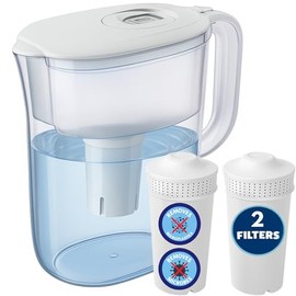 10 Cup Water Filter Pitcher with 2 Ultrafiltration & Carbon Filters - Removes Microbes, PFOA/PFOS, Microplastics, Heavy Metals & More - Compatible with Brita Water Pitcher/Brita Filter Replacement