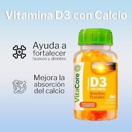 Vitamina D3 con Calcio | 90 Gomitas Frutales | Suplemento Alimenticio para Fortalecer Huesos y Dientes | 225 g