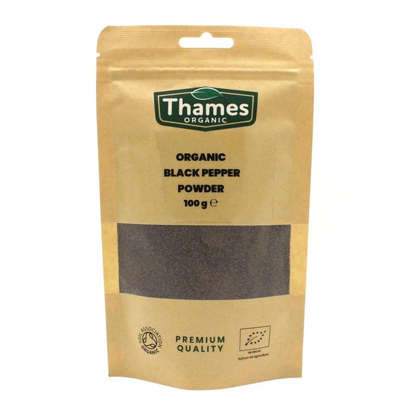 Organic Black Pepper Powder 100g - Strong Flavour, Non-GMO, No Additives or Preservatives - Perfect for Seasoning and Cooking - Thames Organic 100g
