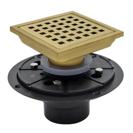 YANCASENO 4 Inch Square Shower Floor Drain with Flange,Quadrato Pattern Grate Removable,Food-Grade SUS 304 Stainless Steel,Brushed Gold