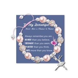 Dancing Shiny Ballerina Bracelet Pink Pearl and Rhinestone Dance Bracelets for Dance Lover Team Dance Recital Gifts for Women Ballerina Gifts (Dance Bracelet-Pink B)