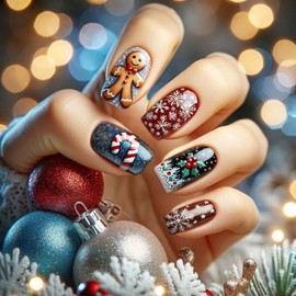 Christmas Press On Nails Medium Square Fake Nails Snowman With Snowflake Design Blue False Nails Xmas Full Cover Acrylic Nail (Style sdC50, Medium)