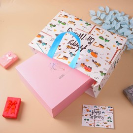 GFInYHM 16" Extra Large Happy Birthday Gift Bag with Tissue Paper & Greeting Cards, Reusable Waterproof Non-Woven Construction Vehicle Bags with Handles