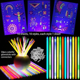 10 Sheets Glow in Dark Temporary Tattoos Indian Patterns Sun Moon Butterfly Neon UV Fake Tattoo Body Arm Art Stickers 50pcs Glowsticks for Adult Rave Festival Decorative Accessories