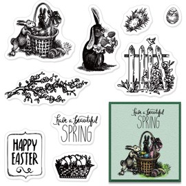Easter Bunny Clear Stamps for Card Making and Journaling, Spring Flowers Rubber Stamps Rabbits Silicone Stamps for Scrapbooking DIY Cards Album Crafts Supplies